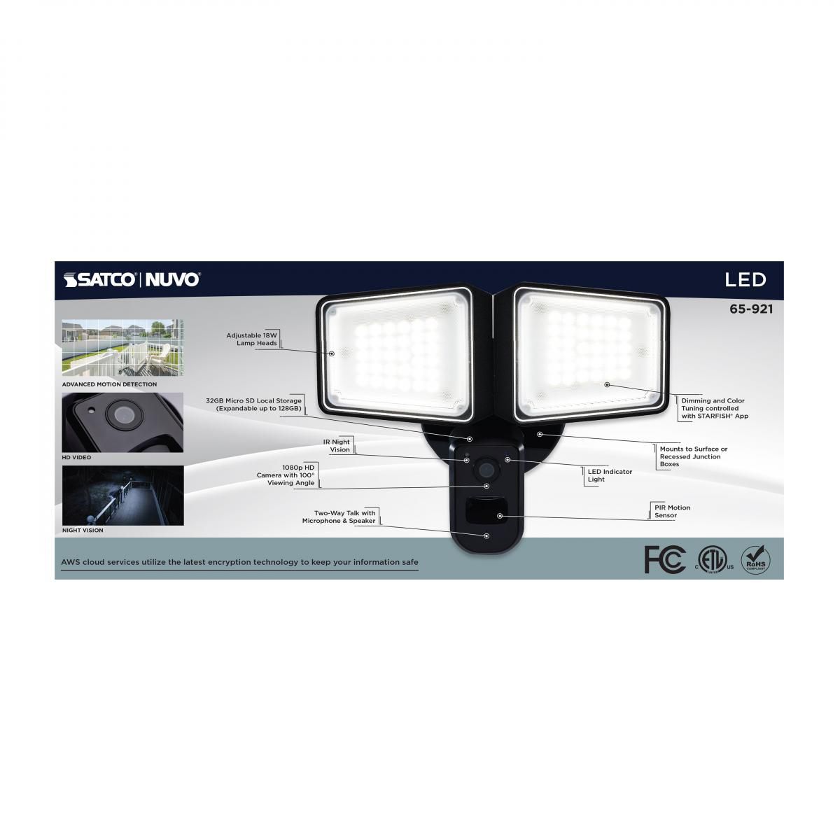 Nuvo 10" Wide Black Smart Security Light and Camera, Rectangle Heads