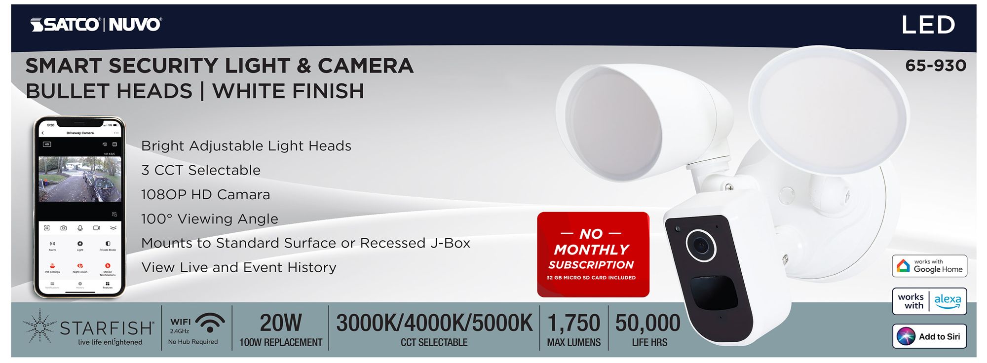 Nuvo 6" White Bullet Outdoor SMART Security Light w/ Camera - 3K/4K/5K CCT