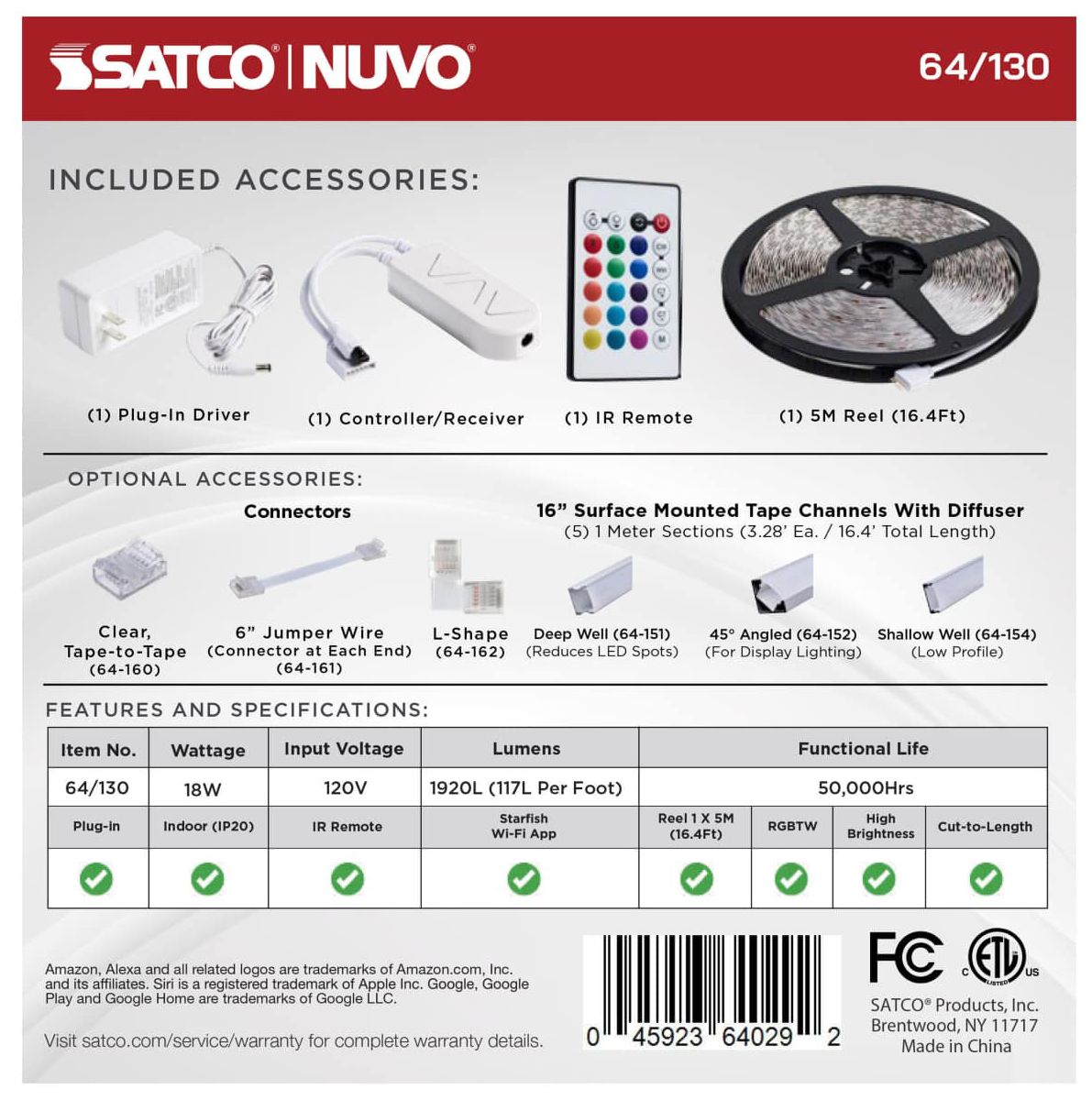 Nuvo Dimension Pro 16 ft Indoor LED Smart Tape Light strip - Plug connect