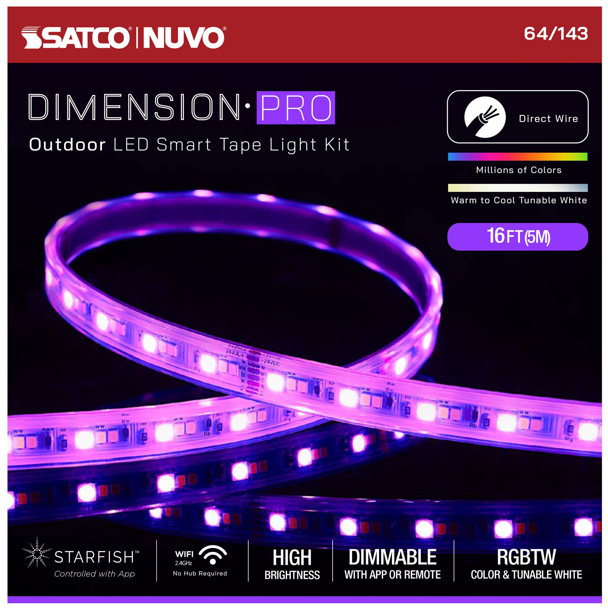 Nuvo Dimension Pro 16 ft Outdoor LED Smart Tape Light strip - J-Box connect