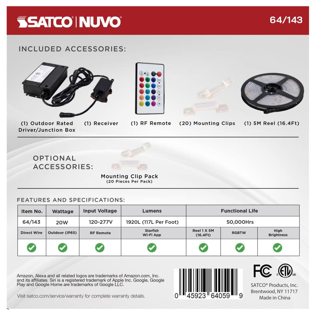 Nuvo Dimension Pro 16 ft Outdoor LED Smart Tape Light strip - J-Box connect