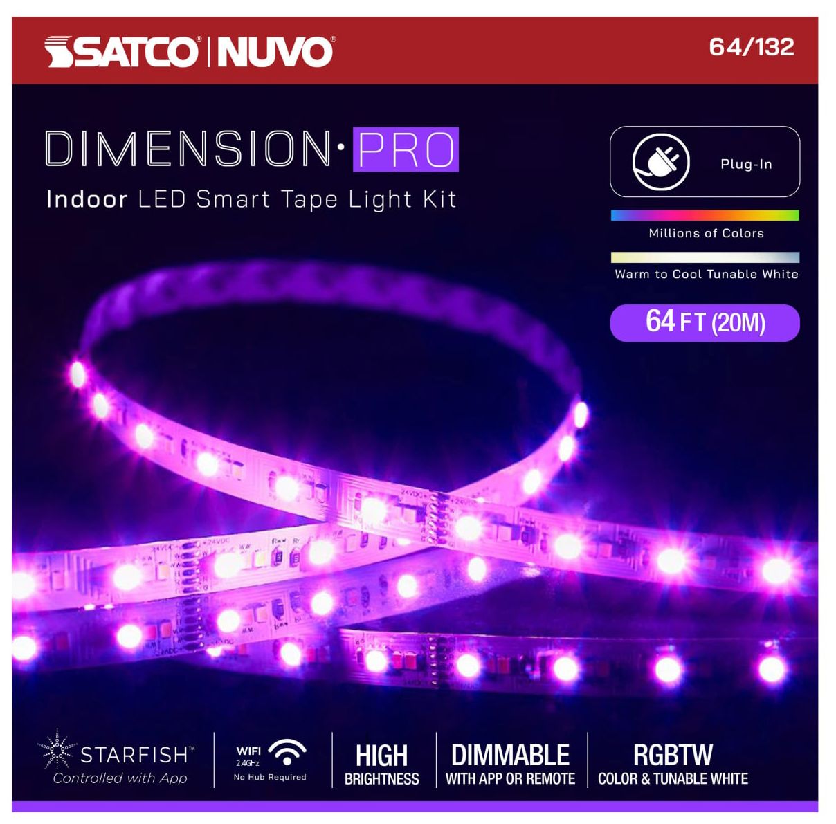 Nuvo Dimension Pro 64 ft Indoor LED Smart Tape Light strip - Plug connect