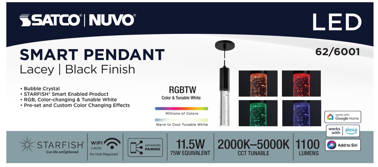Nuvo Lacey 2" W Matte Black LED Smart Mini Pendant - RGB/TW