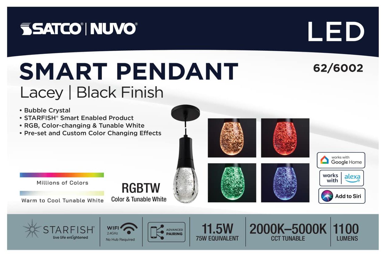 Nuvo Lacey 4" W Matte Black LED Smart Pendant - RGB/TW