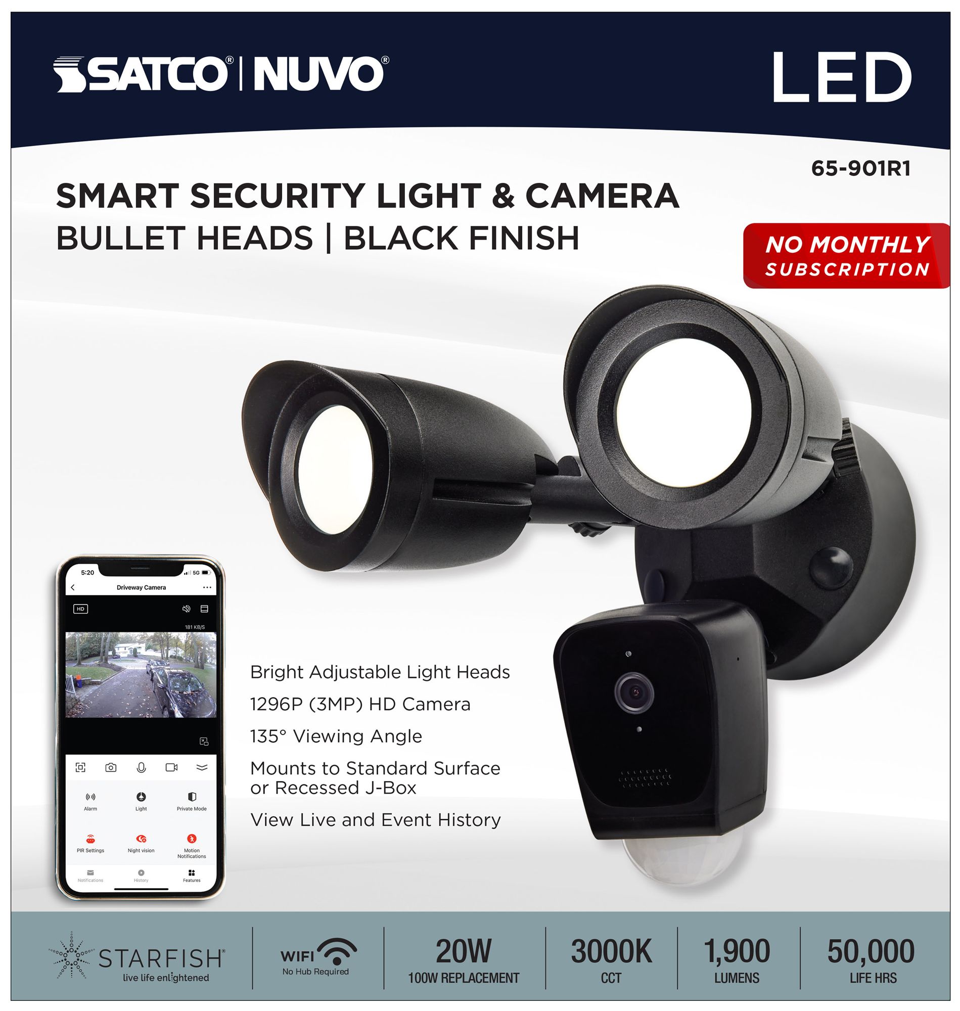 Nuvo Starfish 8 1/2" High Black Bullet SMART Security Light w/Camera