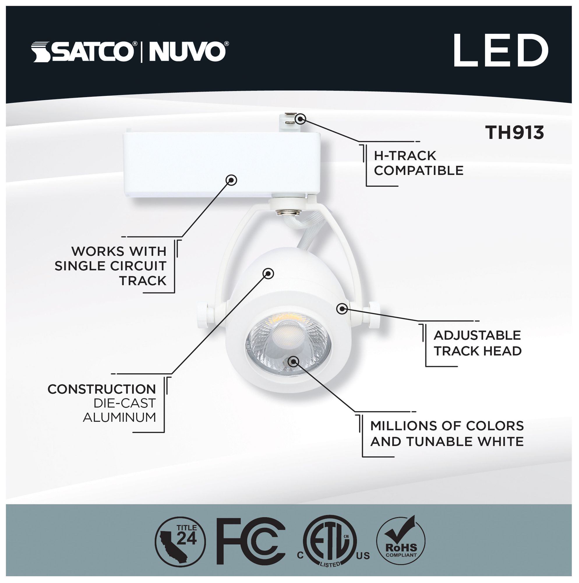 Nuvo White 12 Watt LED Smart Track Head - Pinch Back - H-Style