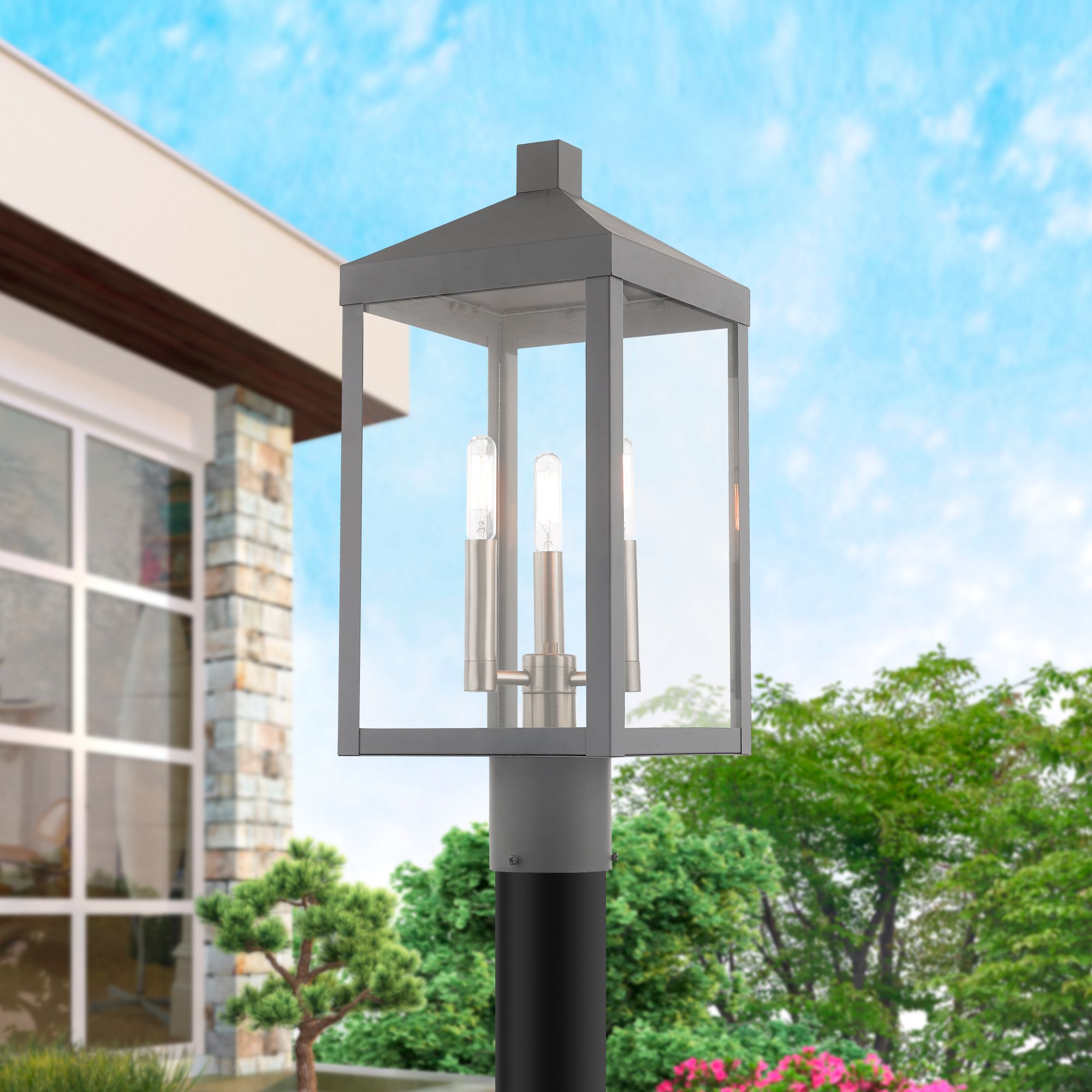 Nyack 3 Light Nordic Gray Outdoor Post Top Lantern
