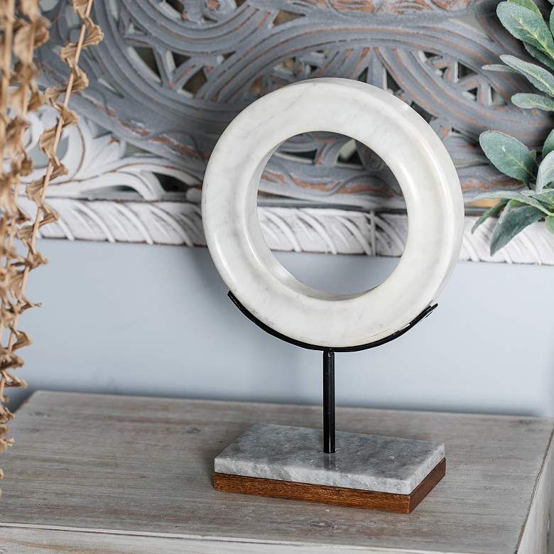 Image 1 O-in 14" High White Marble Round Table Decor Sculpture