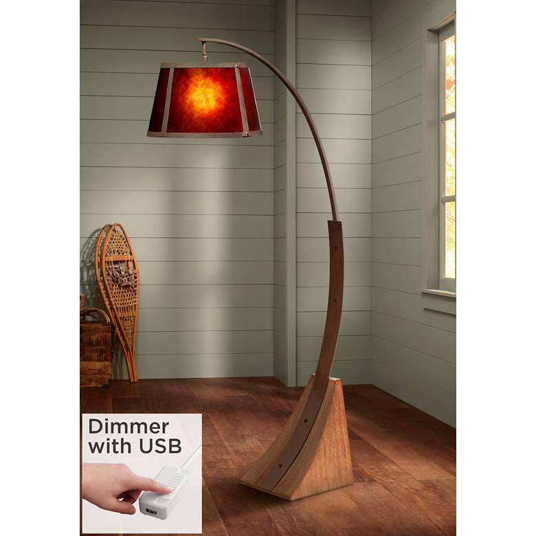 Image 1 Oak River Dark Rust and Amber Mica Arc Floor Lamp with USB Dimmer