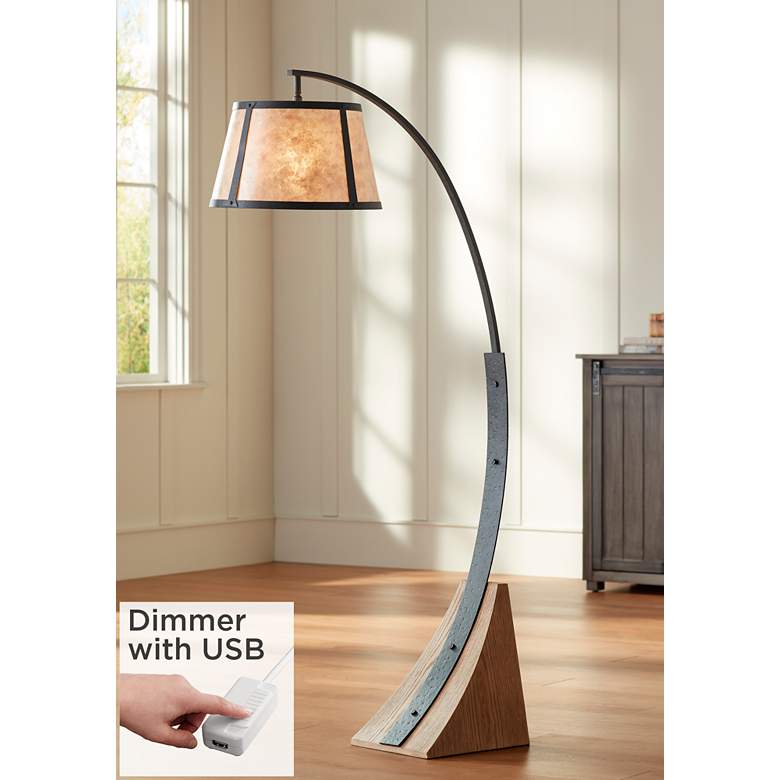 Image 1 Oak River Gray and Blond Mica Arc Floor Lamp with USB Dimmer