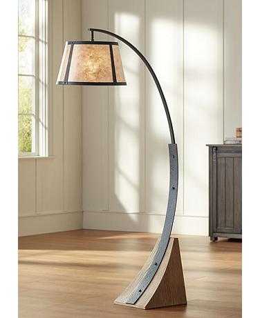 Oak River Gray and Blond Mica Arc Floor Lamp with USB Dimmer