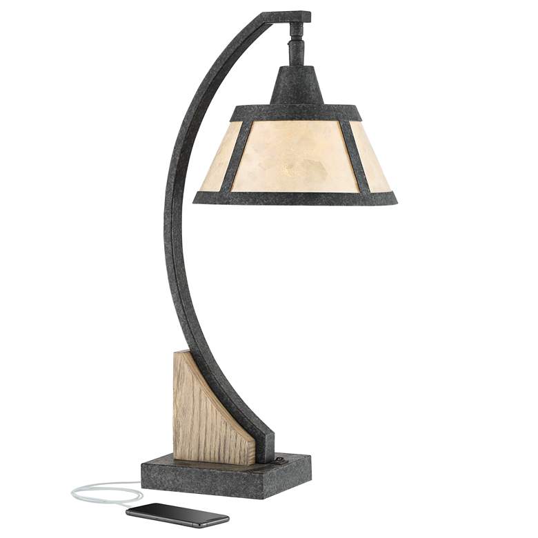 Oak River Gray Wash Desk Lamp with USB Port and Power Outlet