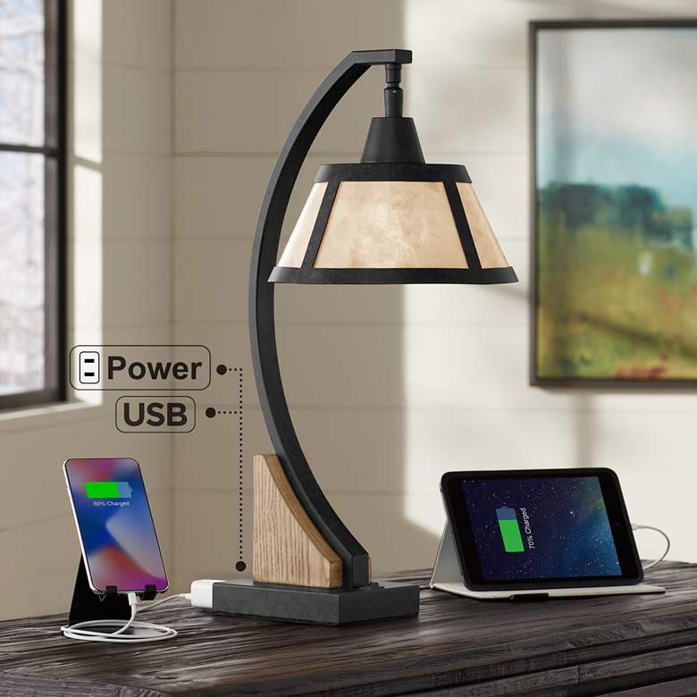 Image 1 Oak River Gray Wash Desk Lamp with USB Port and Power Outlet