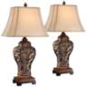 Oak Vase Carved Openwork Traditional Table Lamps Set of 2