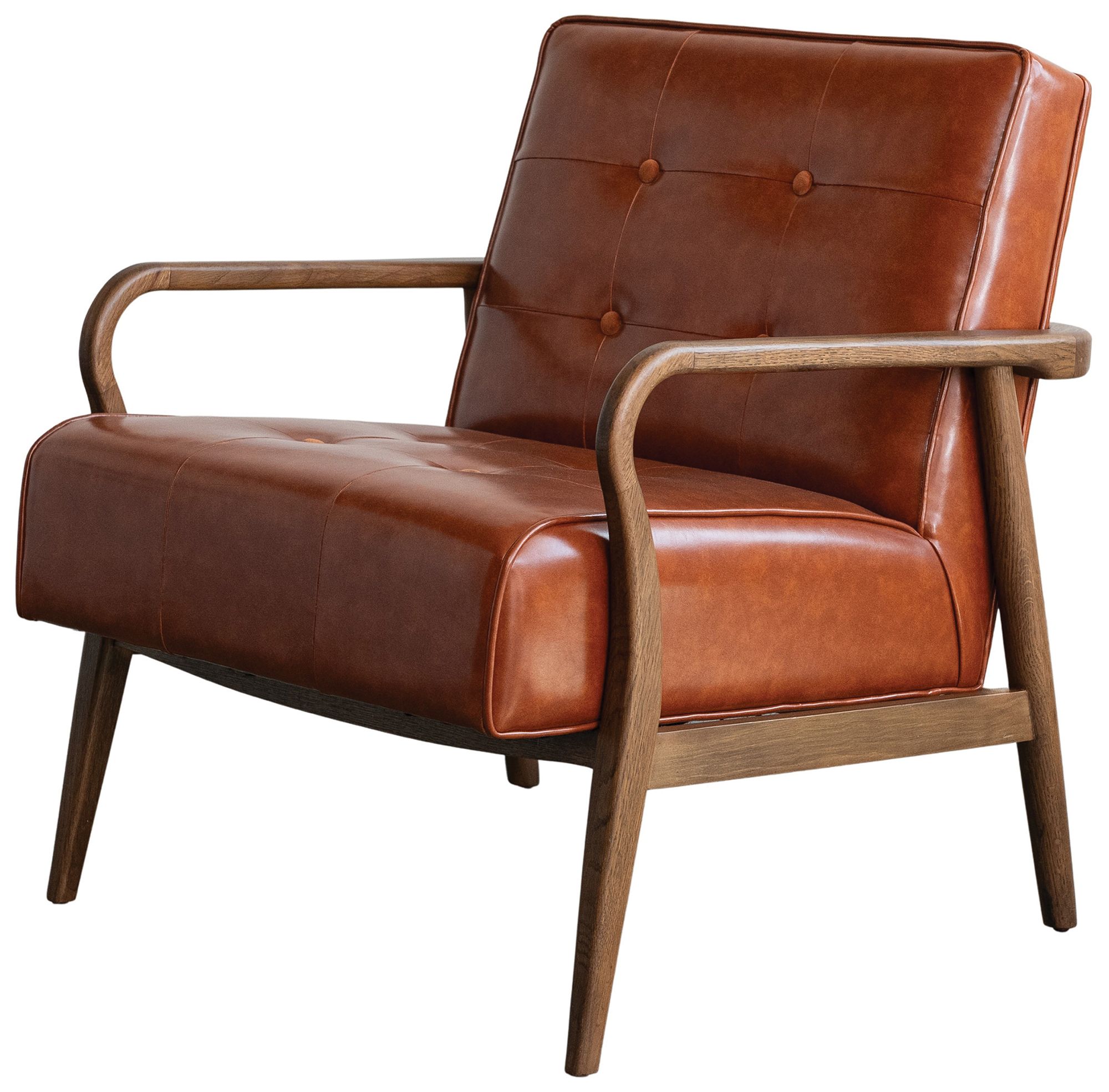 Image 3 Oak Wood and Faux Leather Tufted Arm Chair, Natural and Cognac Color more views