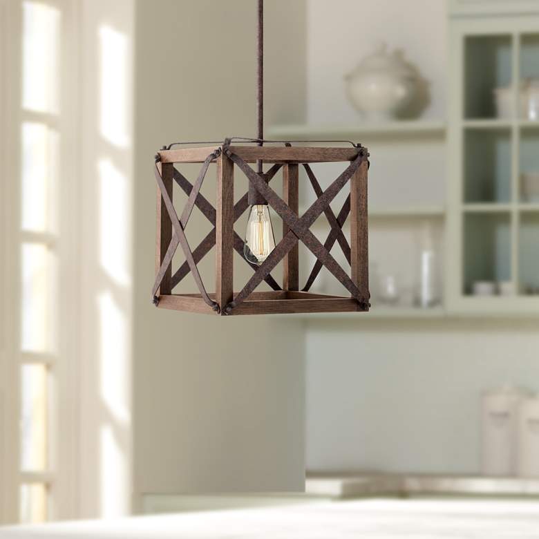 Oaklyn 13&quot; Wide Rust and Brown Wood LED Pendant Light