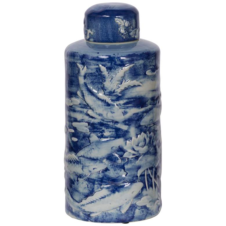 Image 1 Oan 14 inch Blue &#38; White Lidded Decorative Jar