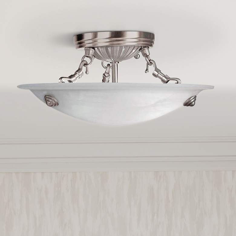Oasis 12&quot;W Brushed Nickel w/ Alabaster Bowl Ceiling Light