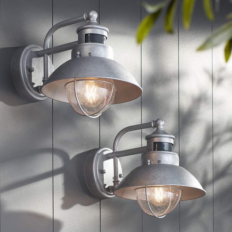 Image 1 Oberlin 9" High Galvanized Steel Motion Sensor Wall Light Set of 2