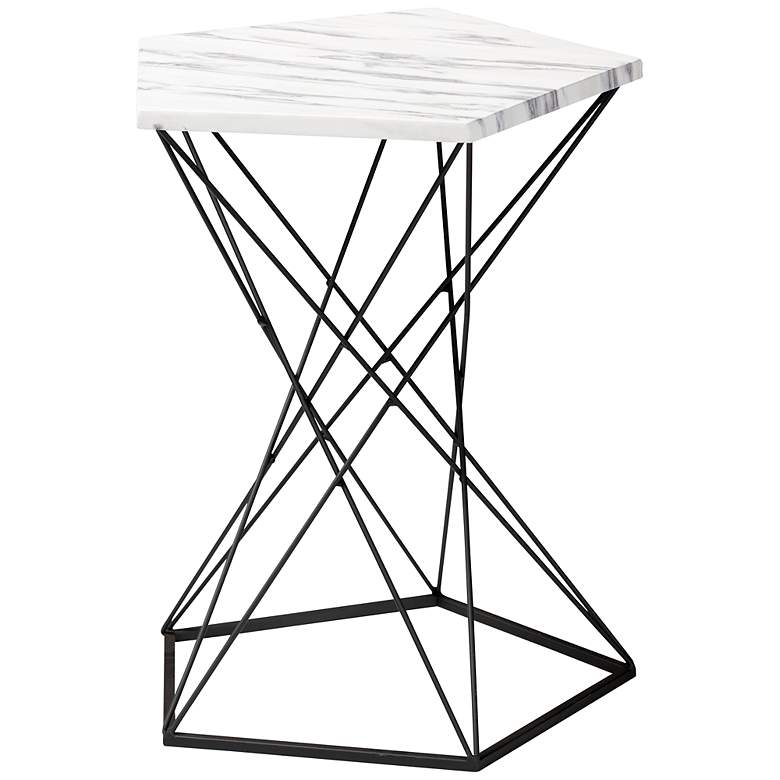 Image 2 Oberon 16 1/2" Wide White Faux Marble Black Metal End Table