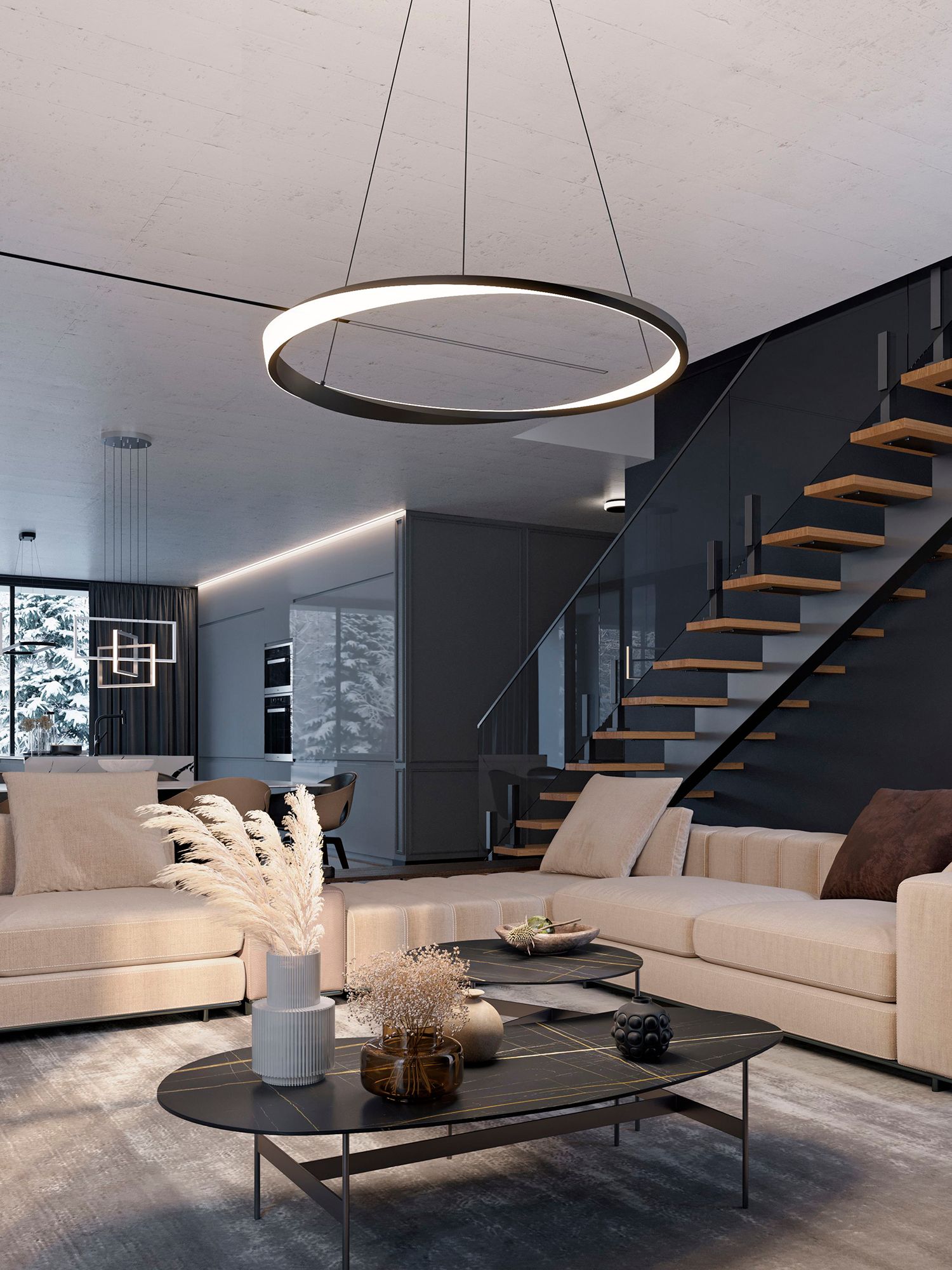 Image 3 Oberon 40" Wide Black Single LED Pendant with White Acrylic Shade more views