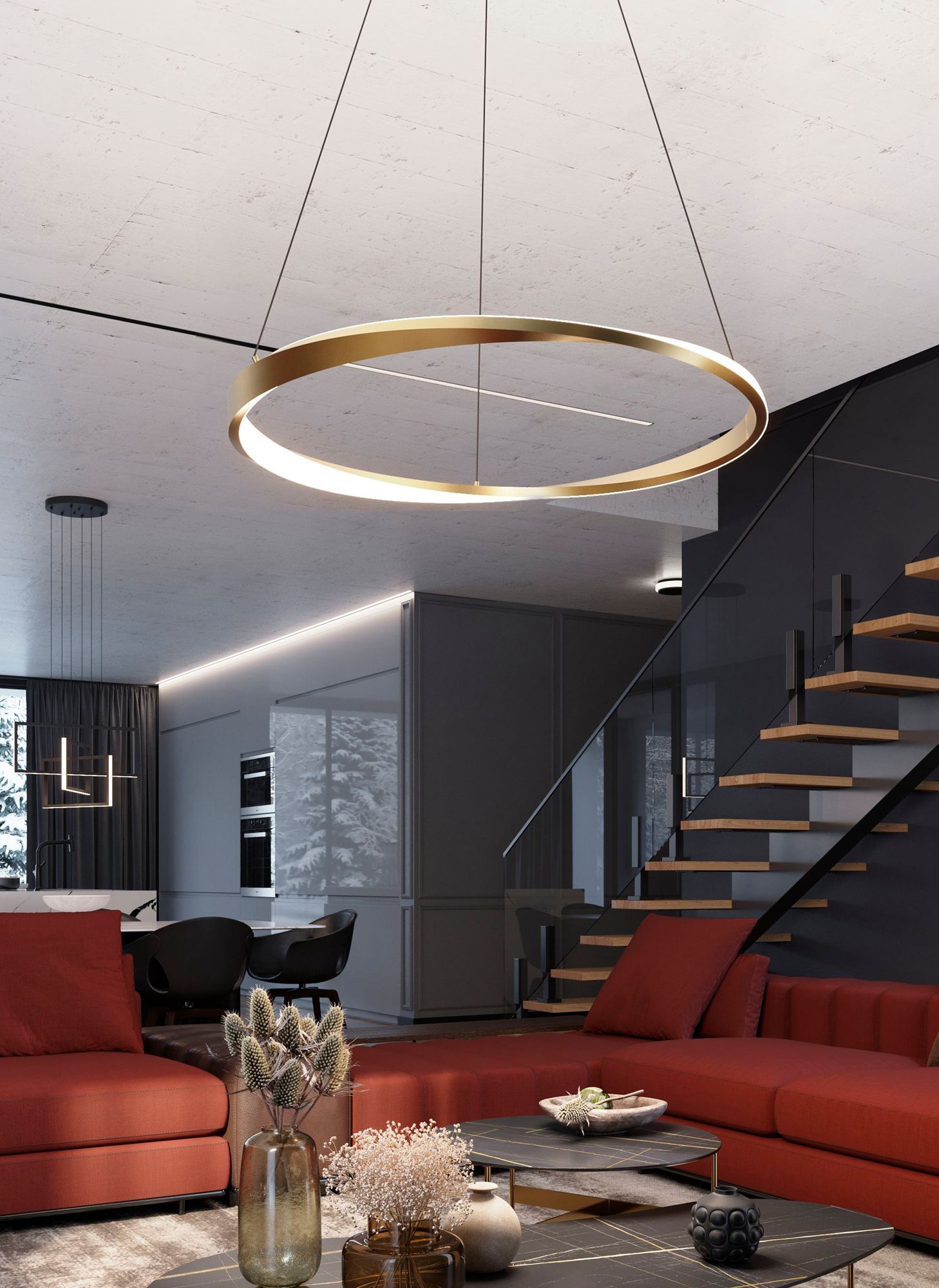 Image 3 Oberon 40"W Light Antique Brass Single LED Pendant w/ White Acrylic Shade more views