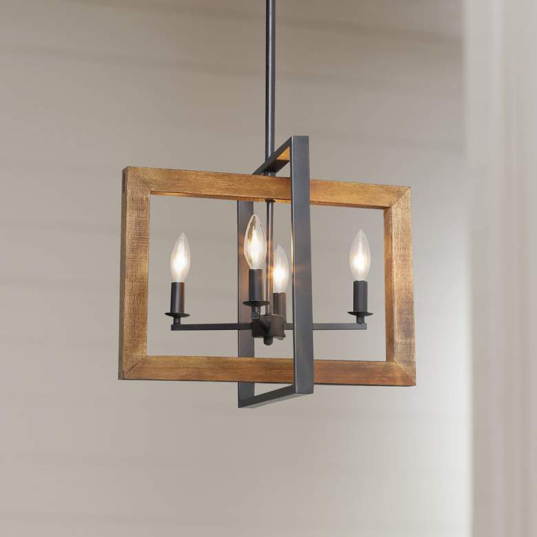 Image 1 Obilla 18" Wide 4-Light Open Rectangle Black and Wood Chandelier