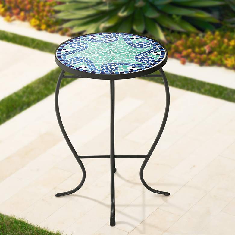 Image 1 Ocean Wave Mosaic Black Iron Outdoor Accent Table