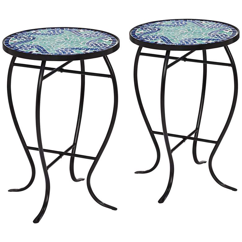 Image 1 Ocean Wave Mosaic Black Iron Outdoor Accent Tables Set of 2