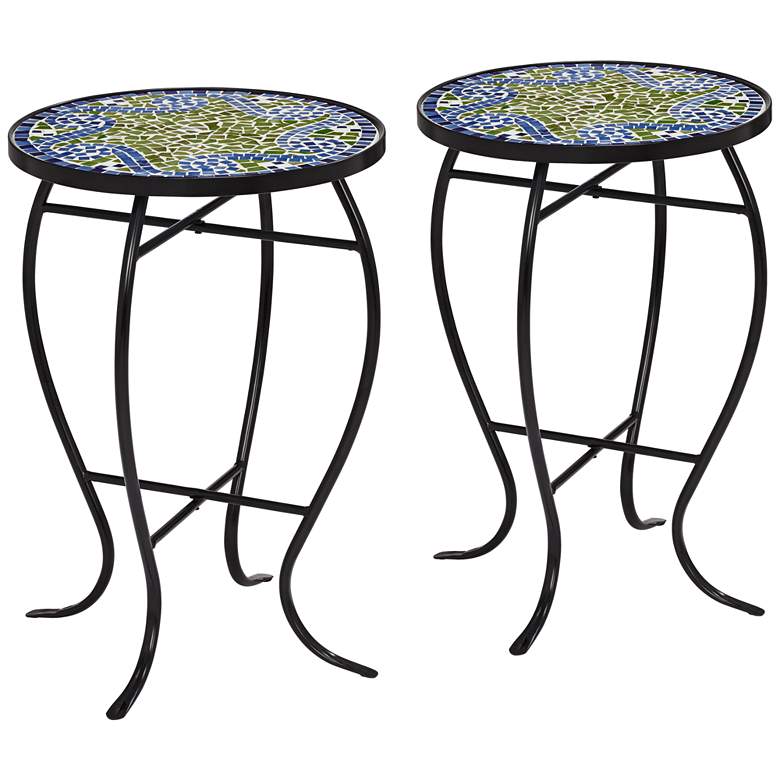 Image 1 Ocean Wave Mosaic Black Iron Outdoor Accent Tables Set of 2