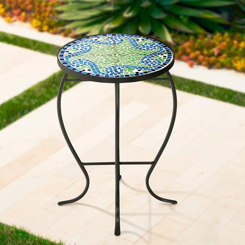 Image 6 Ocean Wave Mosaic Black Iron Outdoor Accent Tables Set of 2 more views