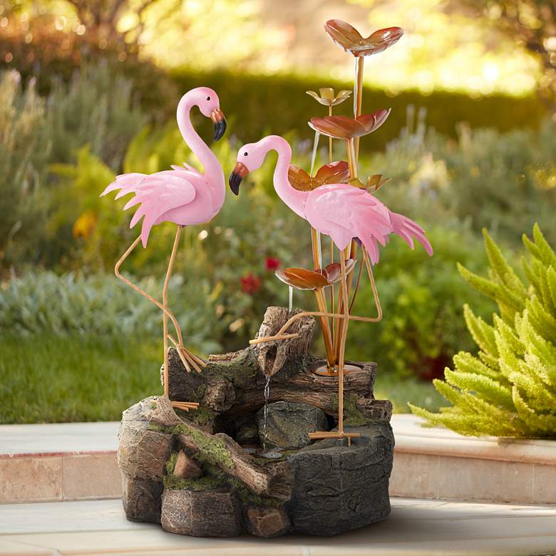 Oceanside 28 1/4&quot; High Flamingos on Rock Outdoor Fountain