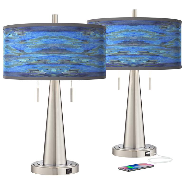 Image 2 Oceanside Vicki Brushed Nickel USB Table Lamps Set of 2