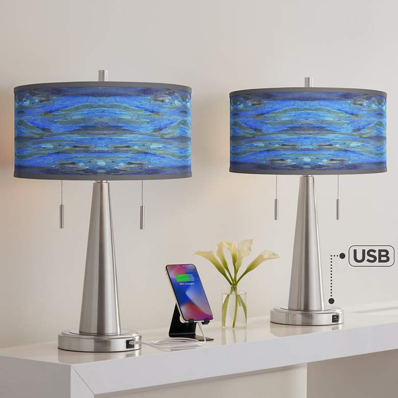 Image 1 Oceanside Vicki Brushed Nickel USB Table Lamps Set of 2