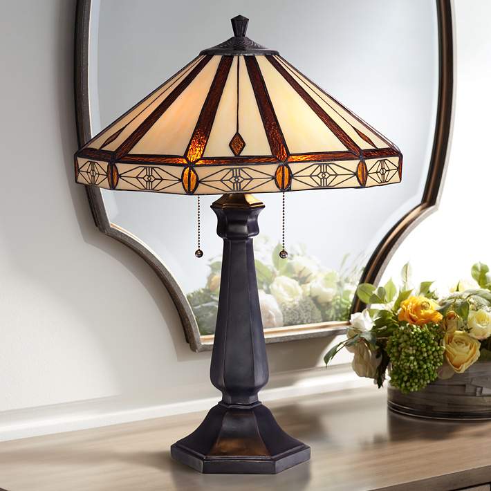 Octagon Mission Art Glass Bronze Table Lamp - #Y4645 | Lamps Plus