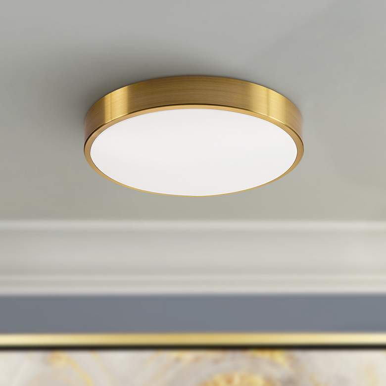 Image 2 Octavia 12" Wide Round Satin Brass LED Semi-Flushmount Ceiling Light