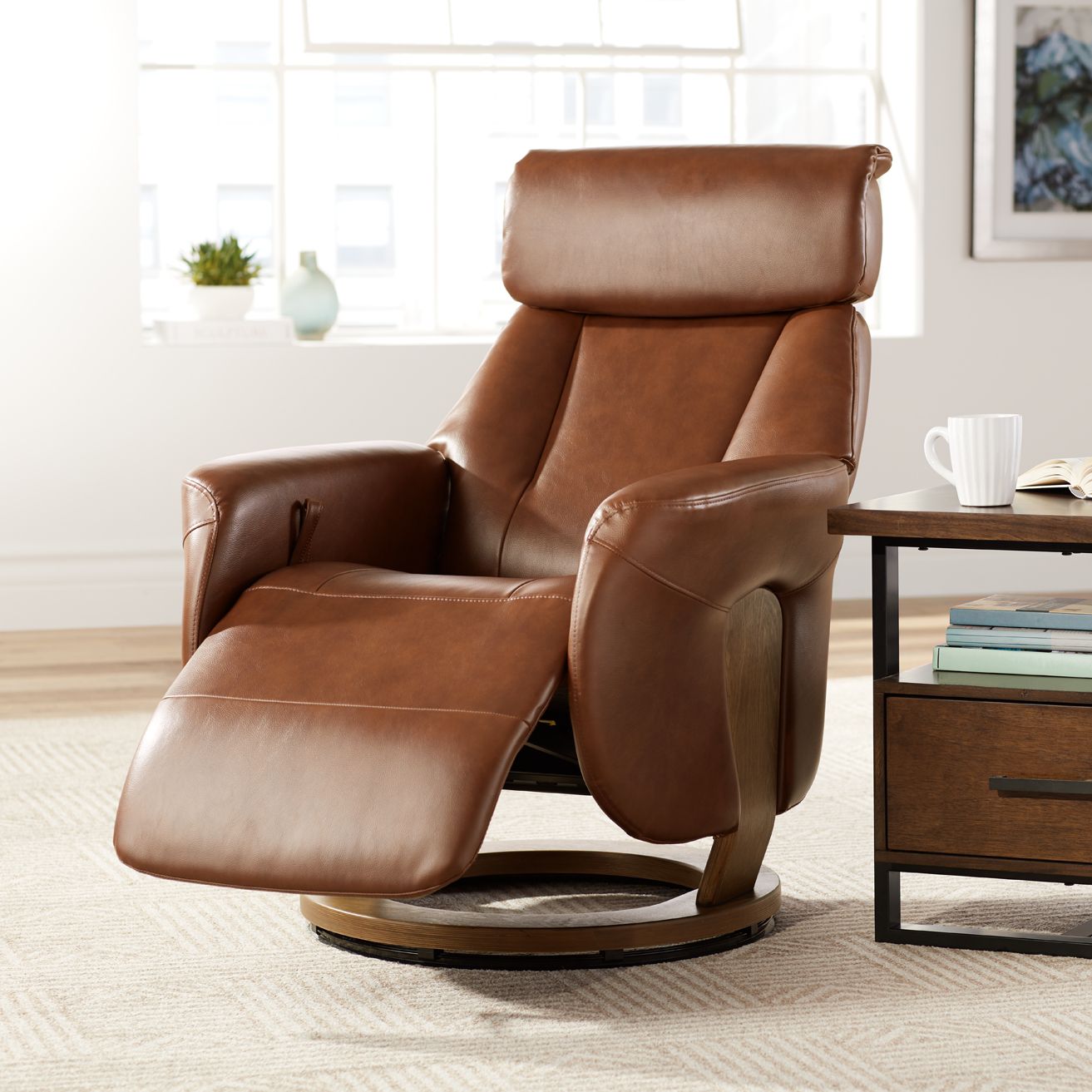 Octavian Augusta Brown Faux Leather 4-Way Recliners Set of 2 in scene