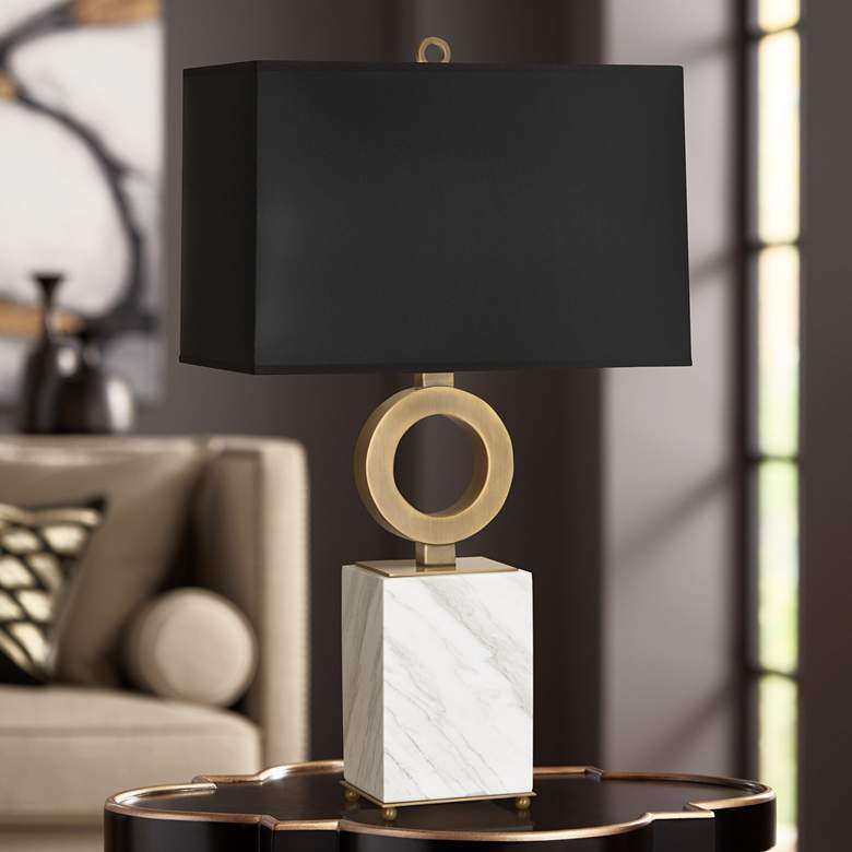 Image 1 Oculus Warm Brass White Marble Table Lamp with Black Shade