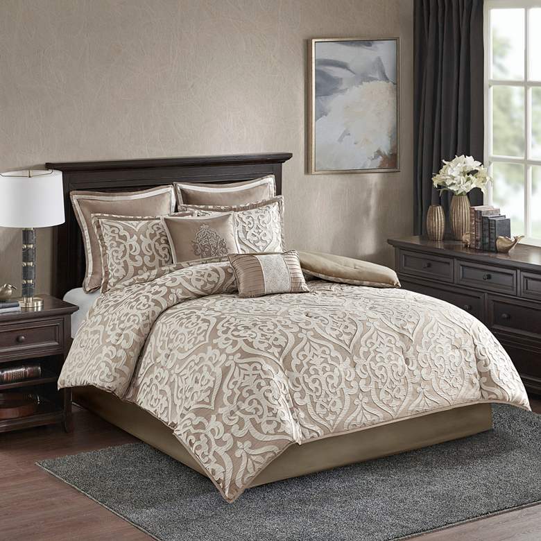 Image 2 Odette Tan Queen 8-Piece Jacquard Comforter Set