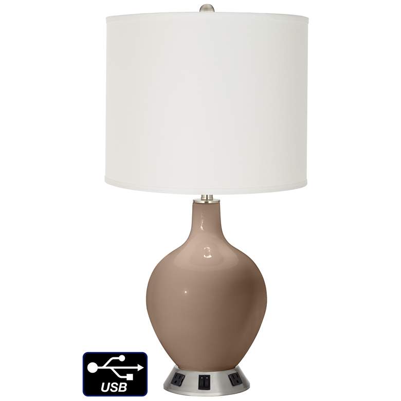 Image 1 Off-White Drum 2-Light Table Lamp - 2 Outlets and USB in Mocha