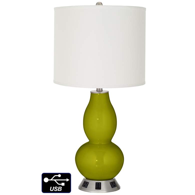Image 1 Off-White Drum Gourd Lamp - 2 Outlets and 2 USBs in Olive Green