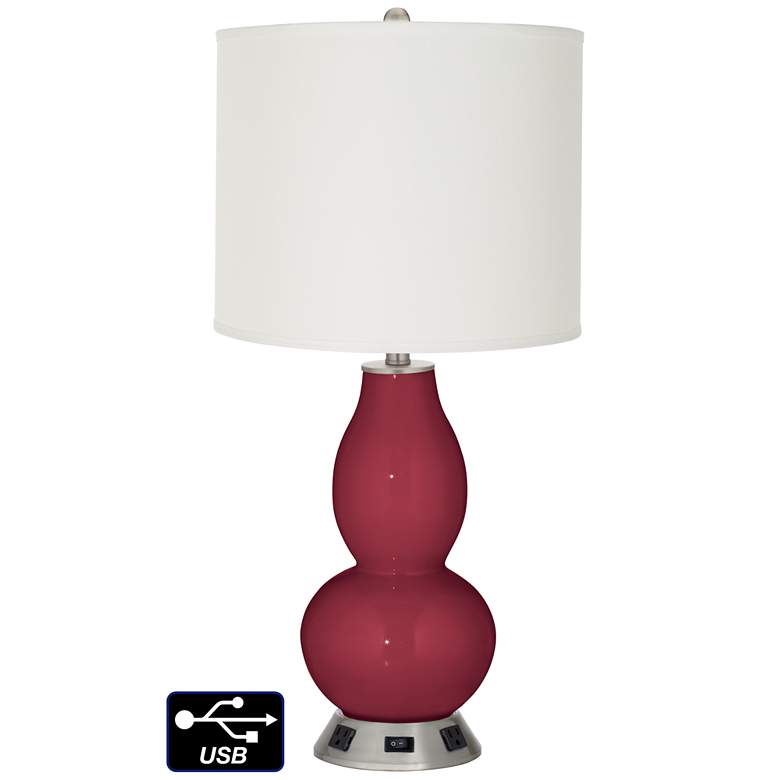 Image 1 Off-White Drum Gourd Lamp - 2 Outlets and USB in Antique Red