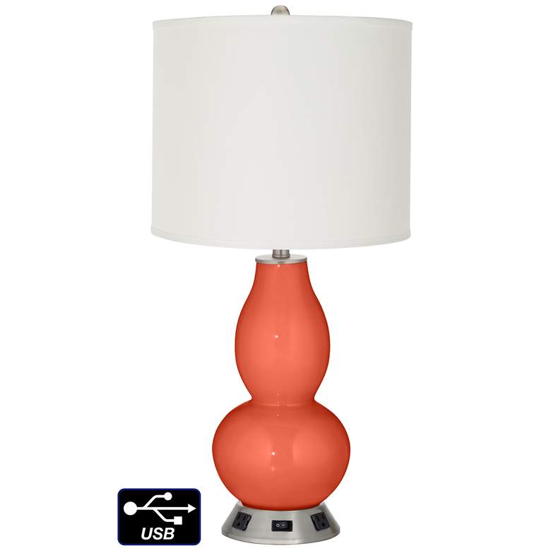 Image 1 Off-White Drum Gourd Lamp - 2 Outlets and USB in Daring Orange