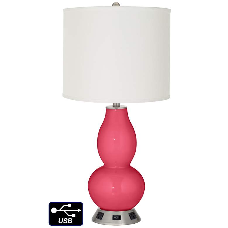 Image 1 Off-White Drum Gourd Table Lamp - 2 Outlets and USB in Eros Pink
