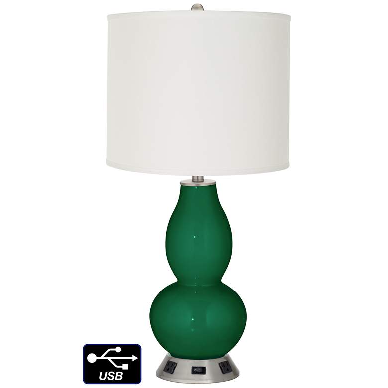 Image 1 Off-White Drum Gourd Table Lamp - 2 Outlets and USB in Greens