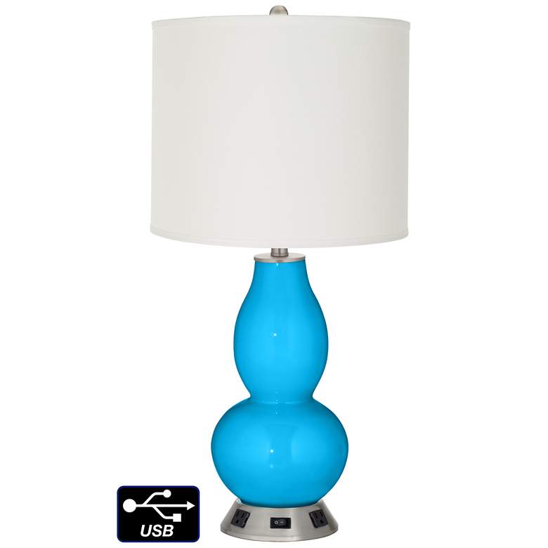 Image 1 Off-White Drum Gourd Table Lamp - 2 Outlets and USB in Sky Blue