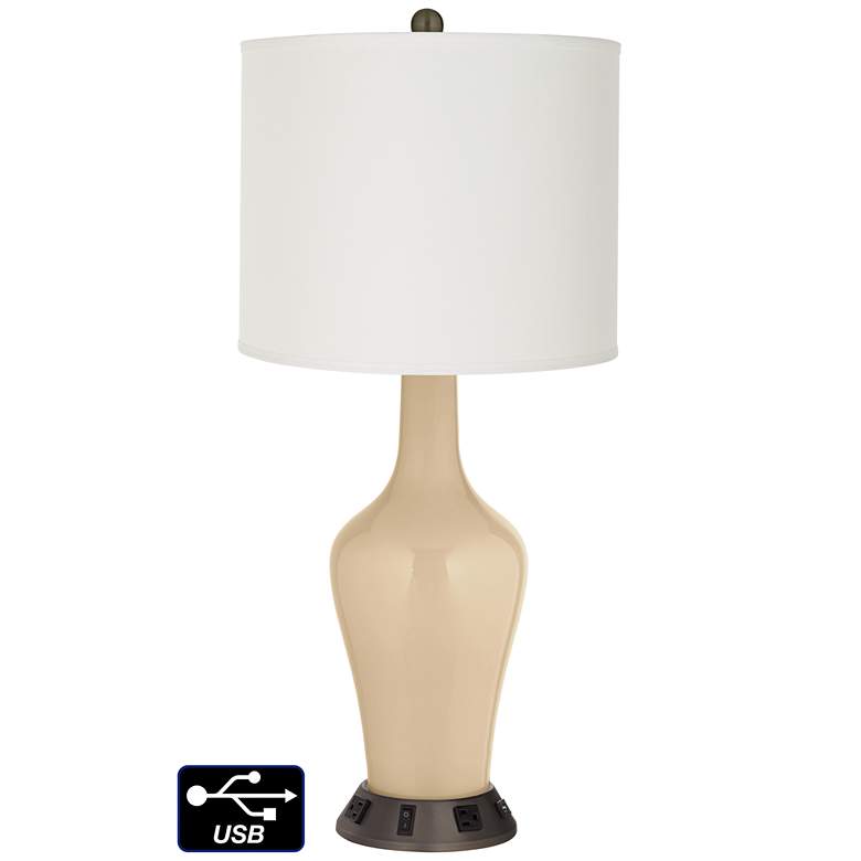 Image 1 Off-White Drum Jug Lamp - 2 Outlets and USB in Colonial Tan