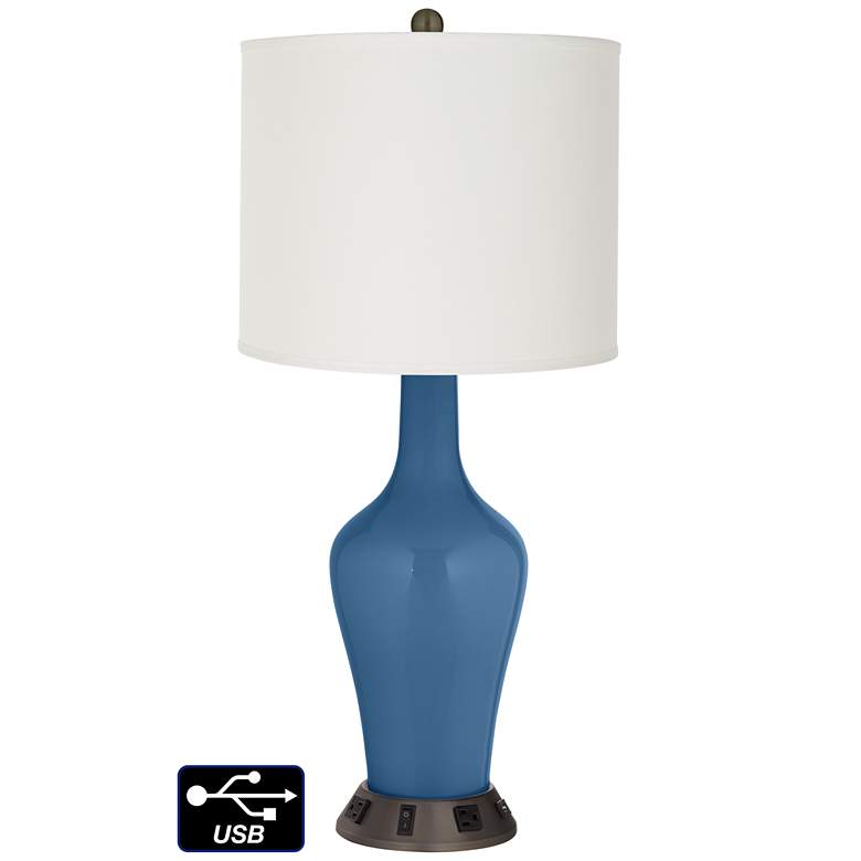 Image 1 Off-White Drum Jug Lamp - 2 Outlets and USB in Regatta Blue