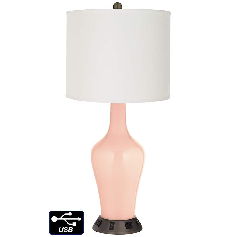 Image 1 Off-White Drum Jug Table Lamp - 2 Outlets and USB in Linen