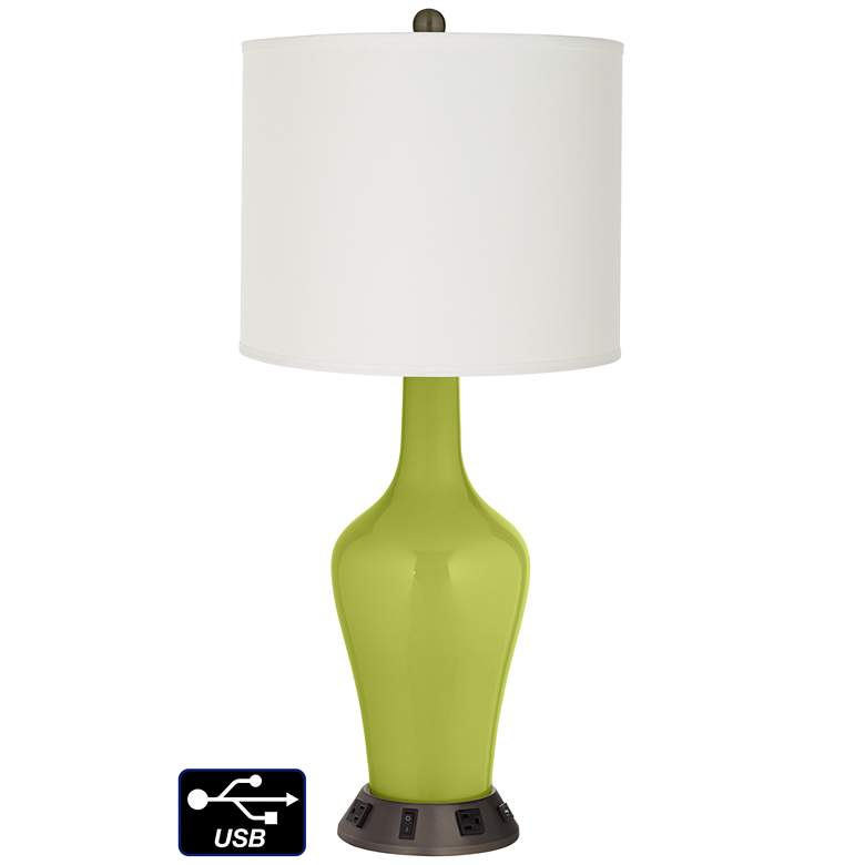 Image 1 Off-White Drum Jug Table Lamp - 2 Outlets and USB in Parakeet